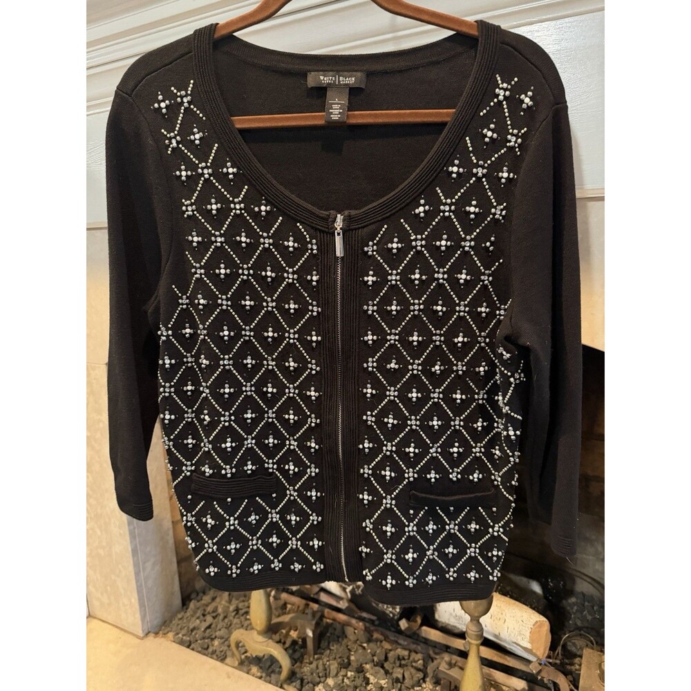 White House Black Market Cardigan Pearl Silver Beaded Embellished L Large Black